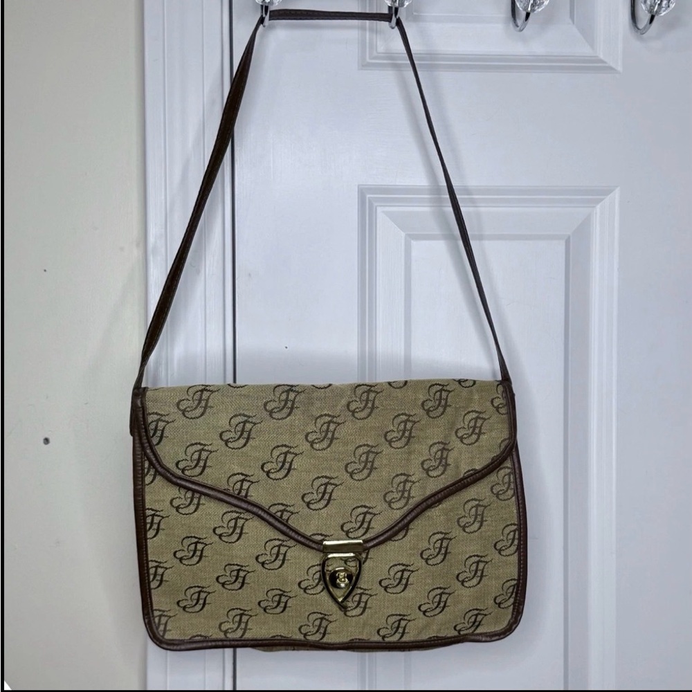 Fashion Fair Signature Tan Brown Tote Bag Rectangular Fold Over Flap One Strap
